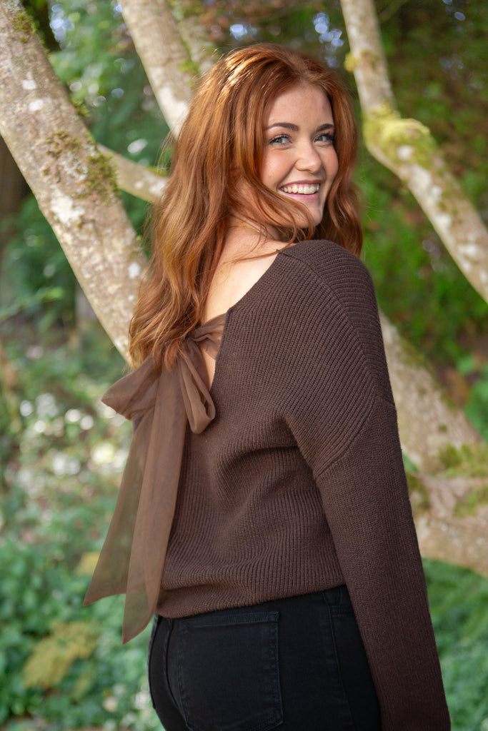 Back Bow V-Neck Sweater - Brown