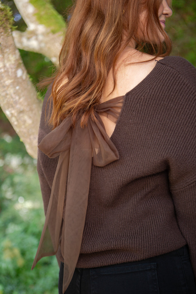 Back Bow V-Neck Sweater - Brown