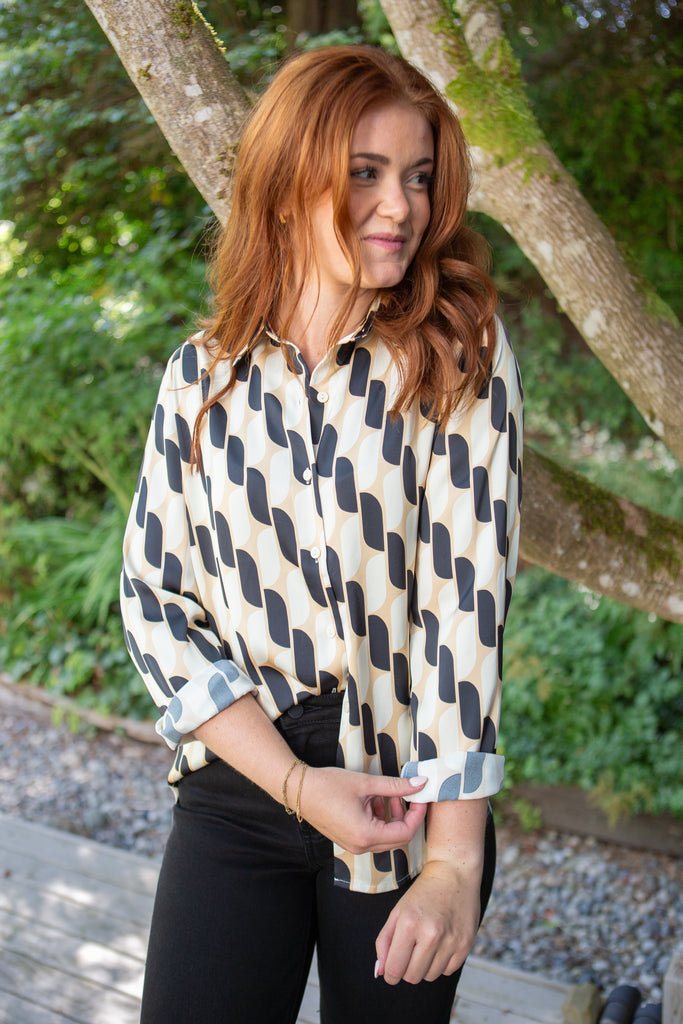 Printed Button Down Shirt - Cream/Black