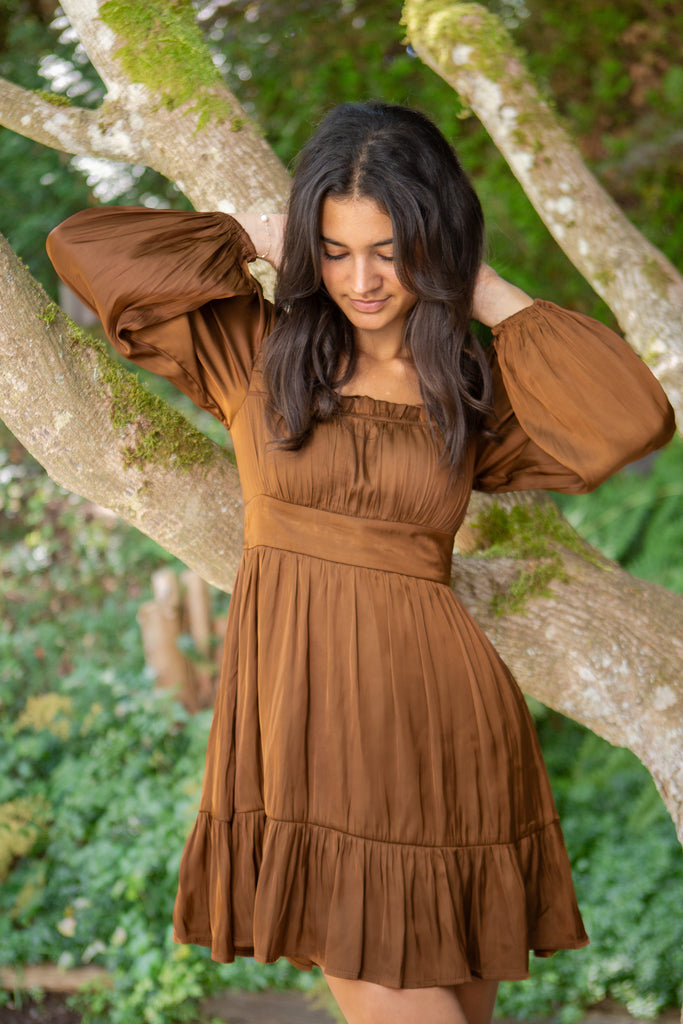 Square Neck Dress With Smocking - Copper