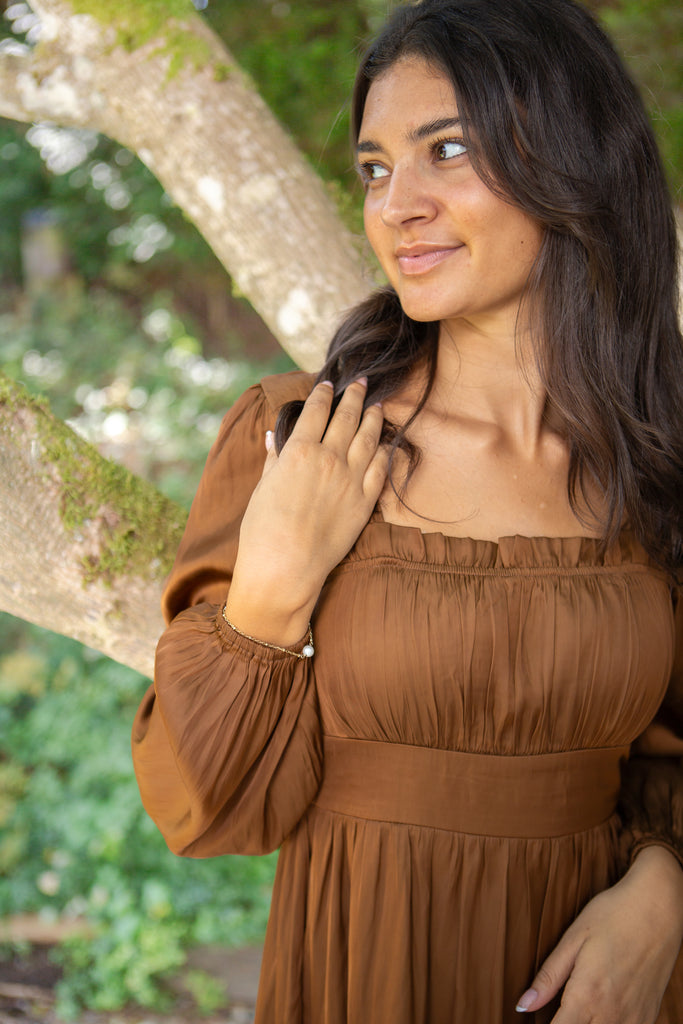 Square Neck Dress With Smocking - Copper