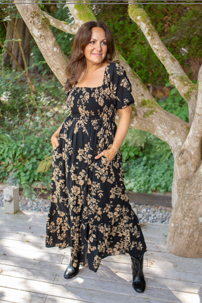 Square Neckline Balloon Sleeve Midi