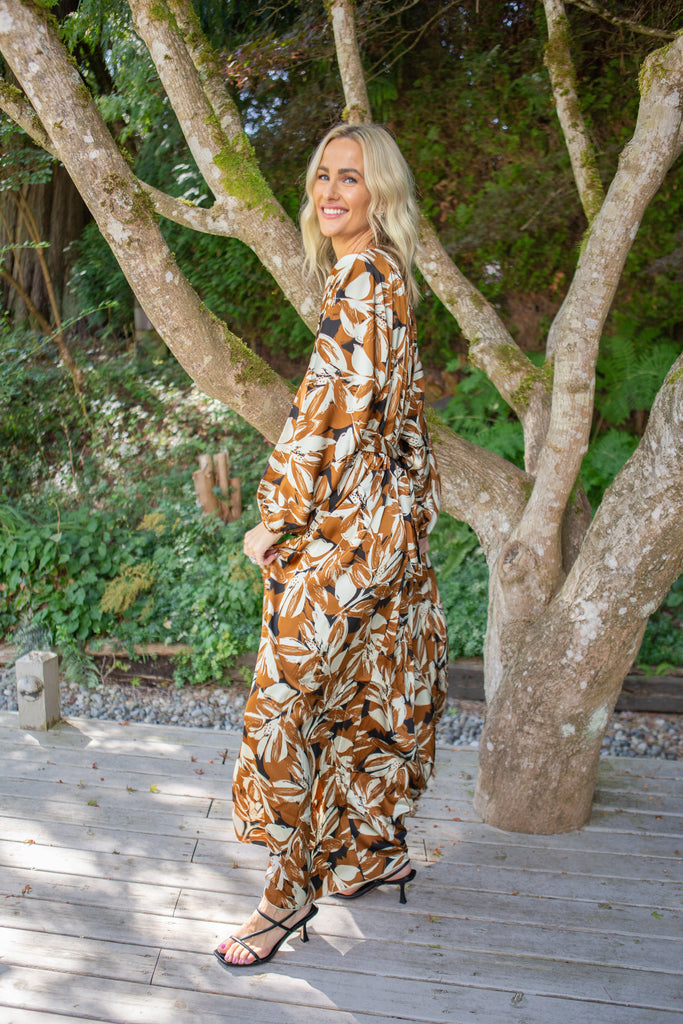 Dolman Sleeve Printed Tie Maxi - Cognac