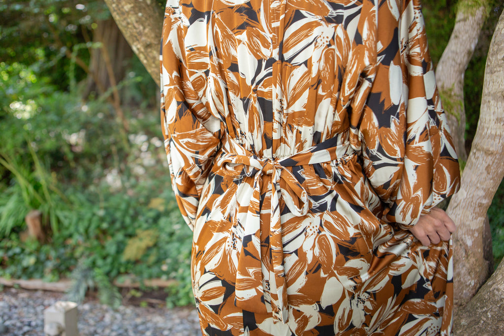 Dolman Sleeve Printed Tie Maxi - Cognac
