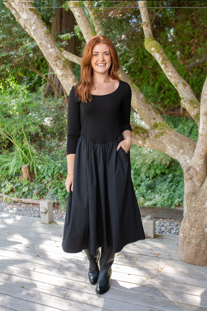 Mixed Material Poplin Dress - Black