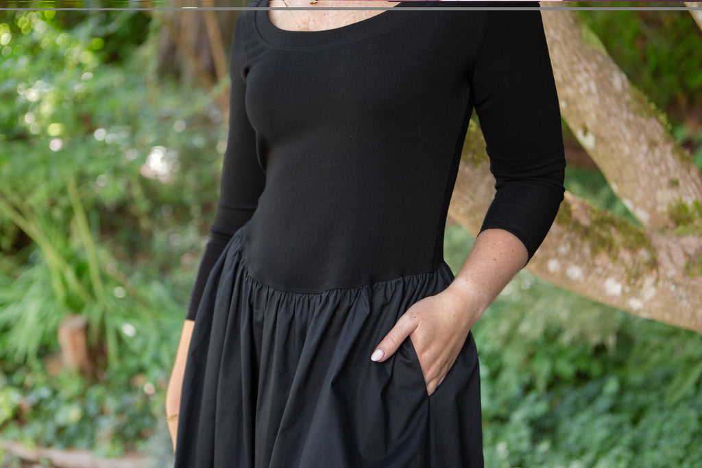 Mixed Material Poplin Dress - Black