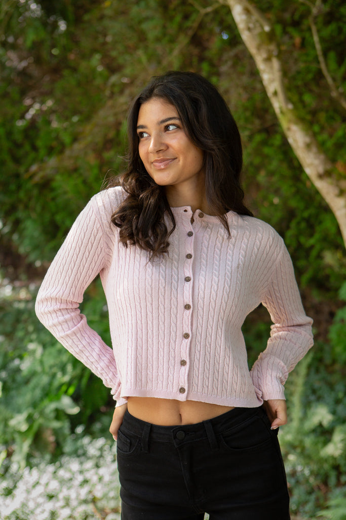 Cable Knit Lightweight Cardigan - Pink