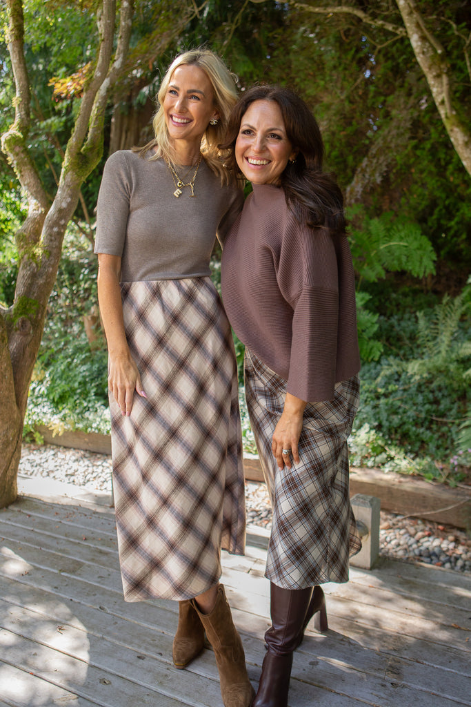 Plaid Print Midi Skirt - Brown