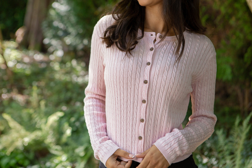 Cable Knit Lightweight Cardigan - Pink