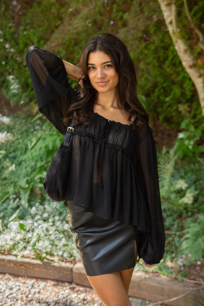 Sheer Long Sleeve Blouse - Black