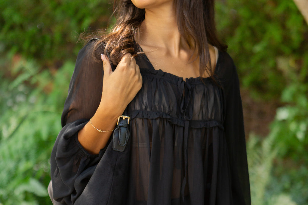 Sheer Long Sleeve Blouse - Black