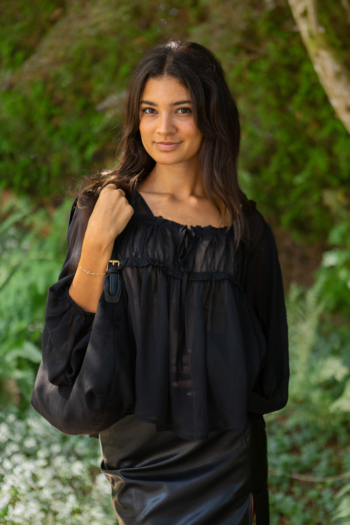 Sheer Long Sleeve Blouse - Black