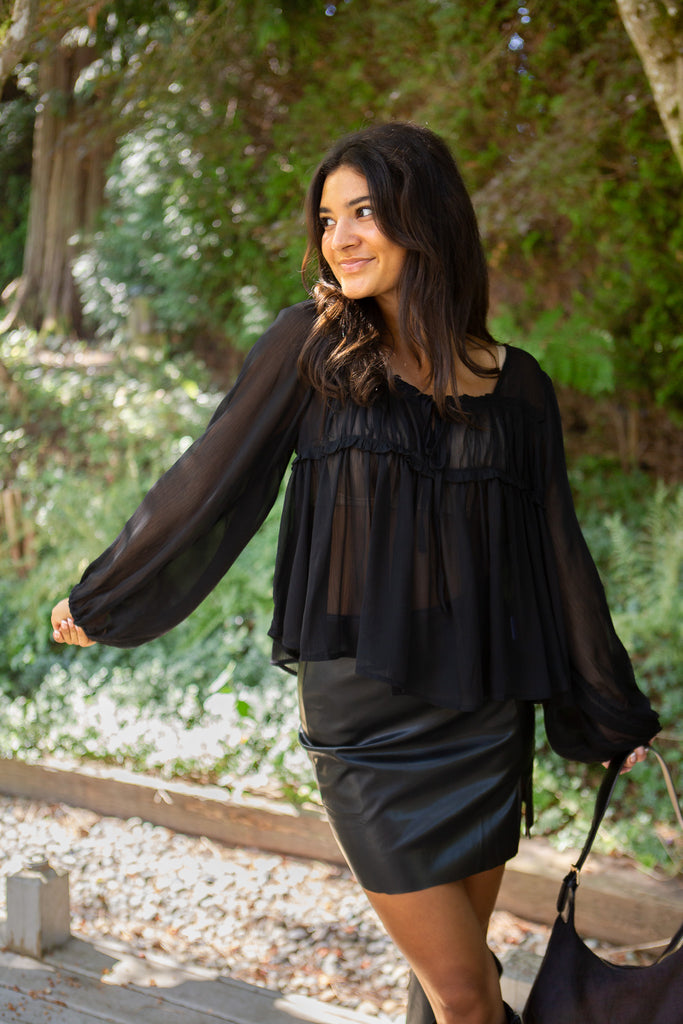 Sheer Long Sleeve Blouse - Black