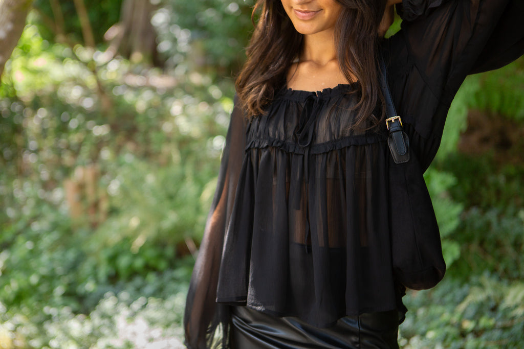Sheer Long Sleeve Blouse - Black