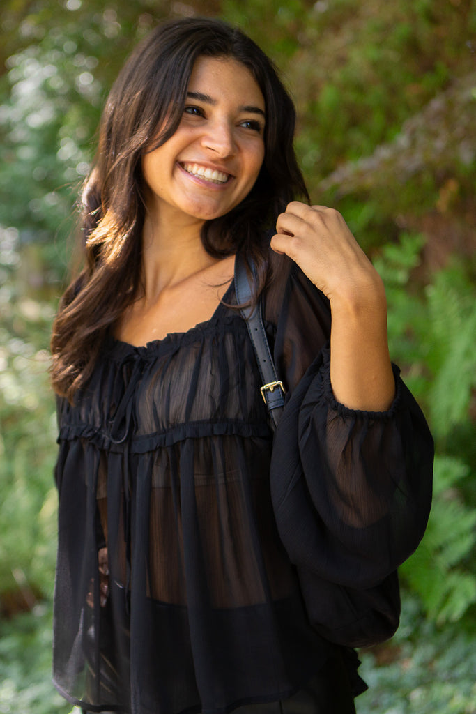Sheer Long Sleeve Blouse - Black
