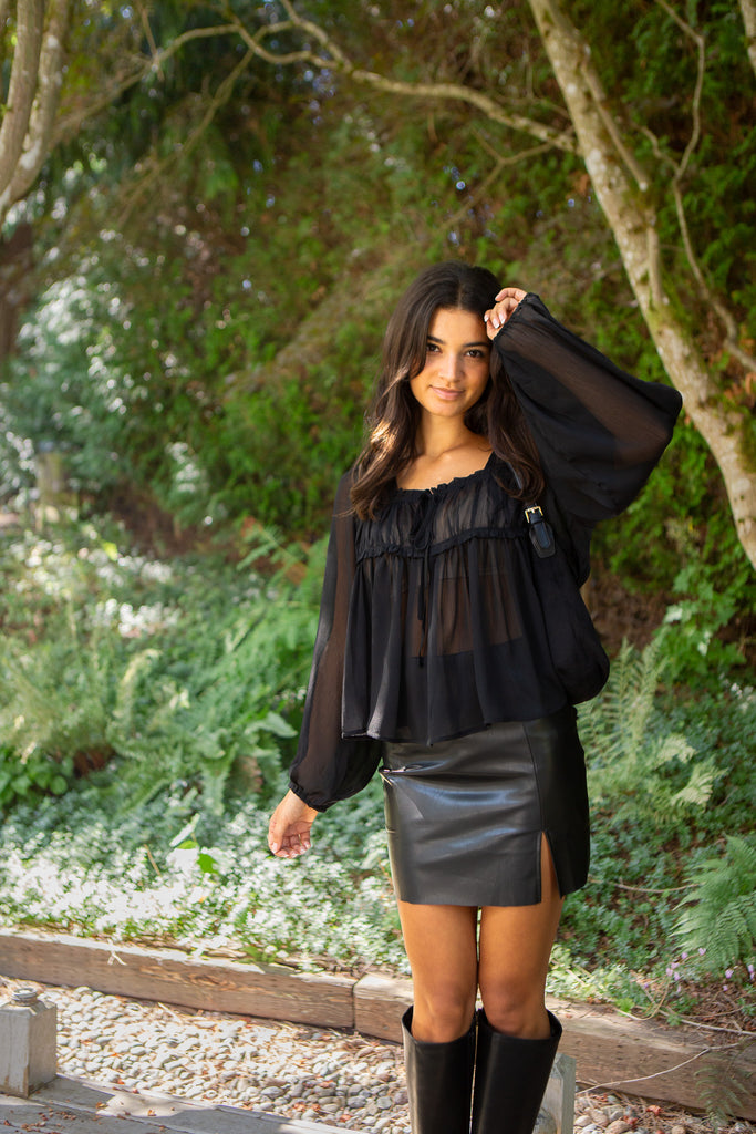 Sheer Long Sleeve Blouse - Black