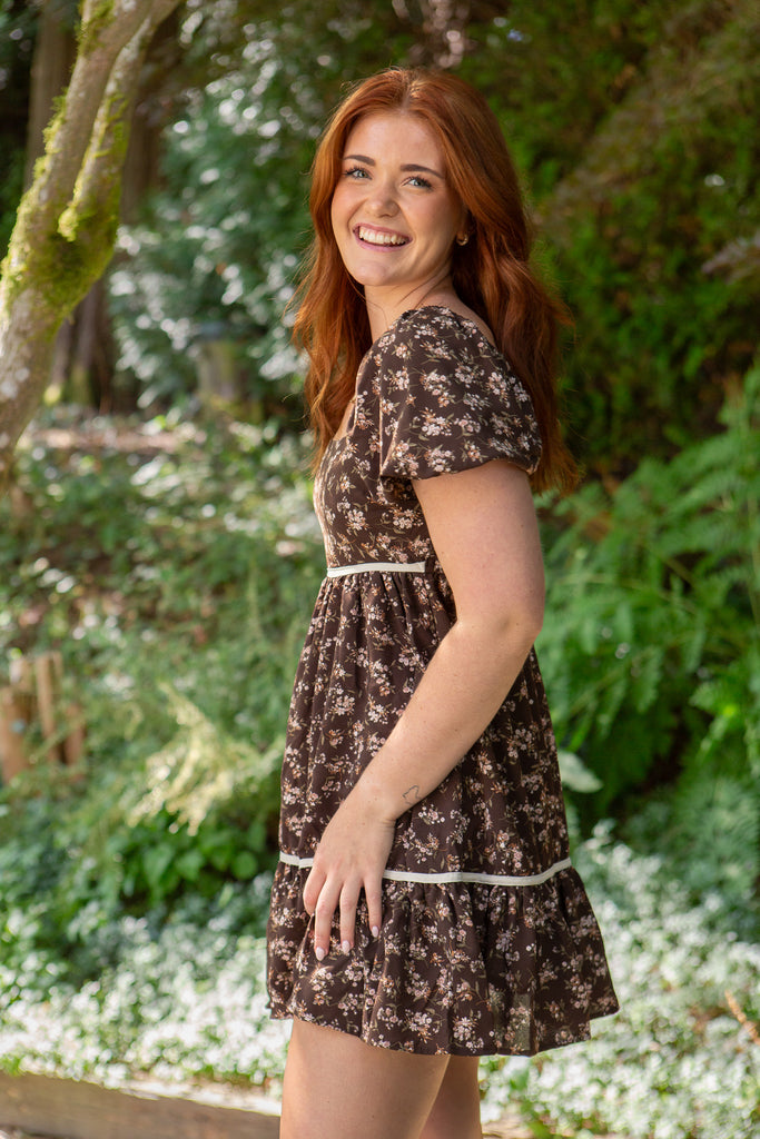 Floral Contrast Trim Dress - Brown
