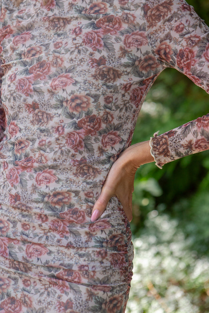 Floral Sheer Dress with Shirring - Cream