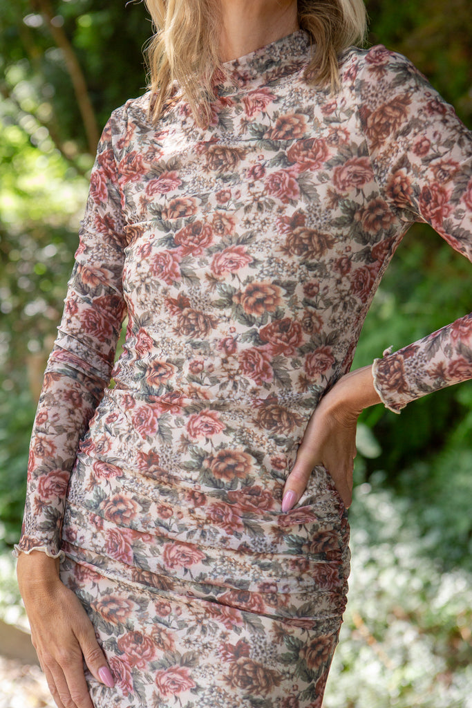 Floral Sheer Dress with Shirring - Cream