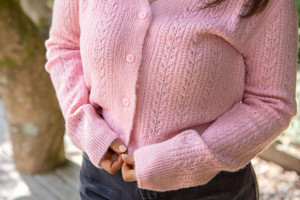 Button Up Cable Knit Cardigan - Pink