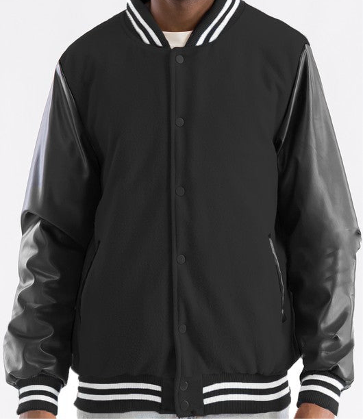 Bomber Jacket with Custom Name & Number - Black Melton Fabric Bomber Jacket