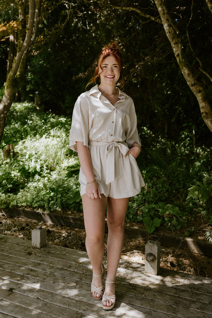 Button Up Linen Romper - Oat