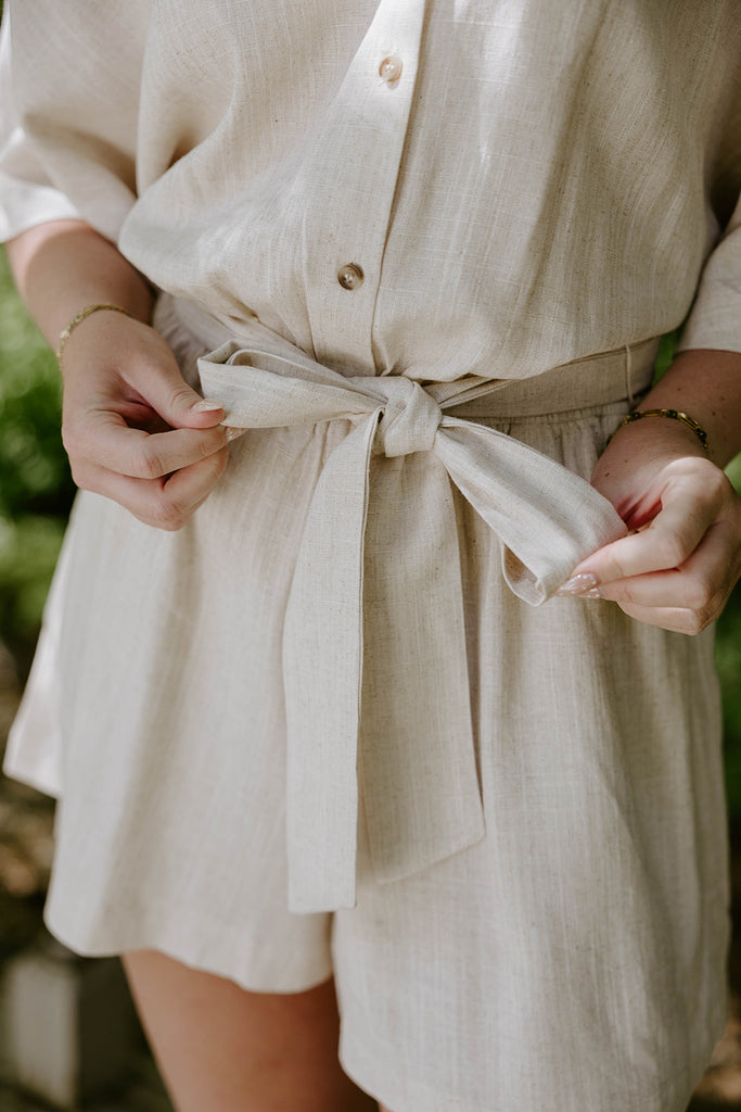 Button Up Linen Romper - Oat