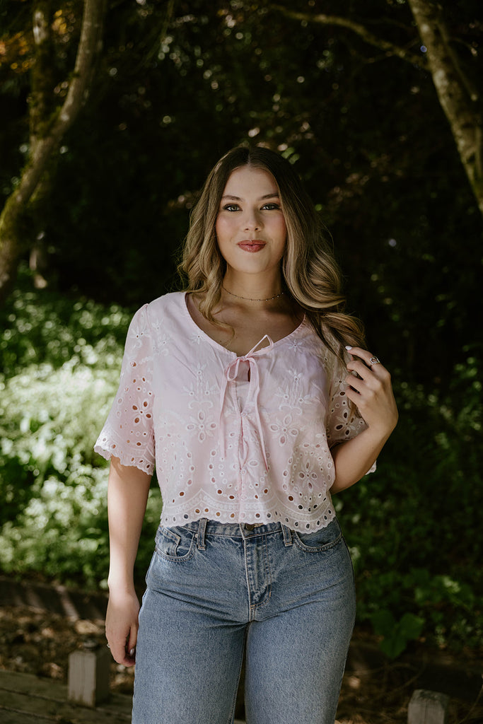 Eyelet Shirt with Front Tie - Pink