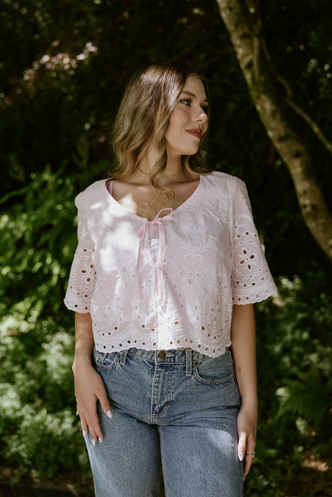 Eyelet Shirt with Front Tie - Pink