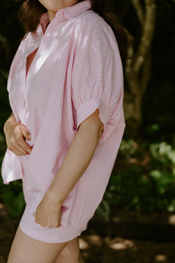 Oversized Striped Shirt & Shorts Set - Pink