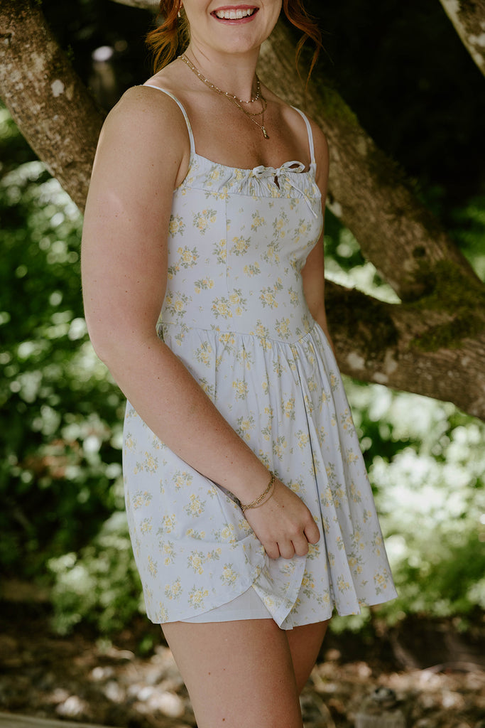 Floral Print Mini Dress - Blue