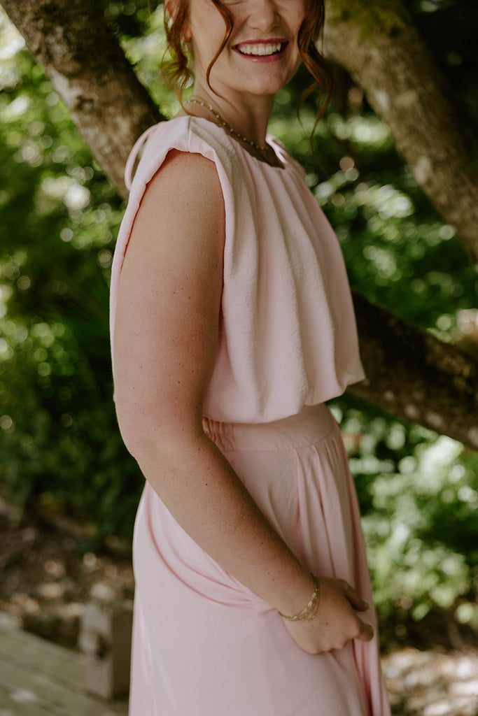 Bubble Top & Flowy Midi Skirt Set - Pink