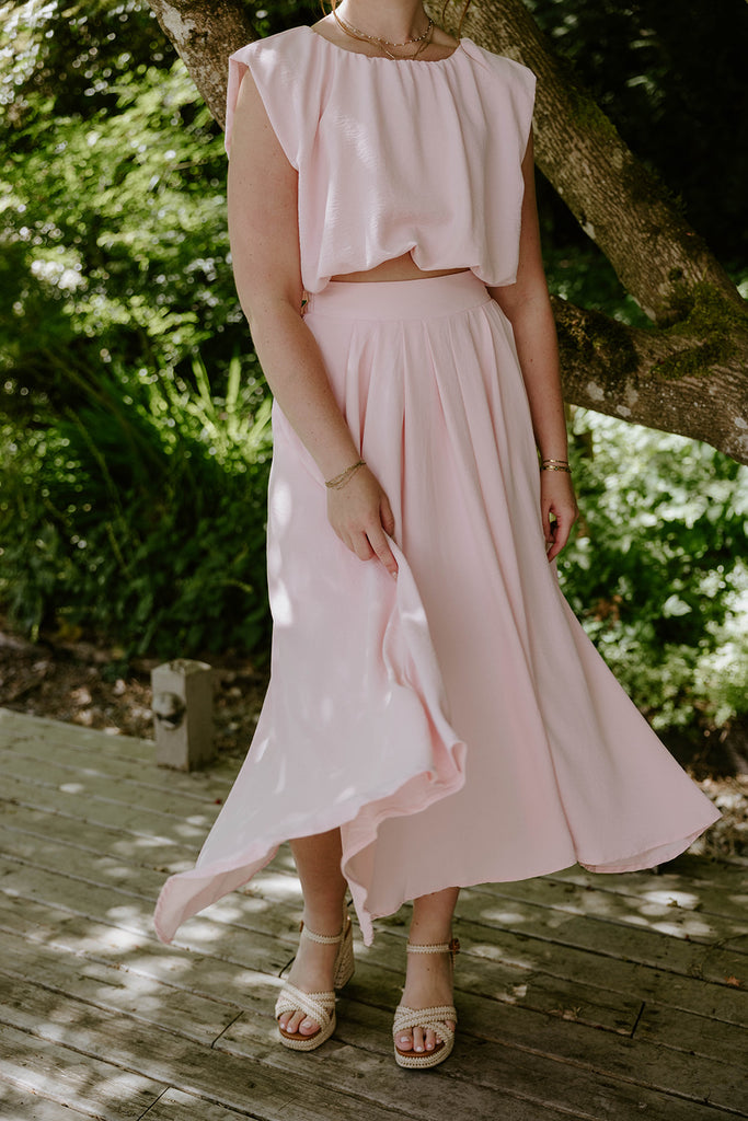 Bubble Top & Flowy Midi Skirt Set - Pink