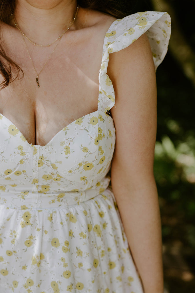 Floral Eyelet Corset Midi Dress - Yellow