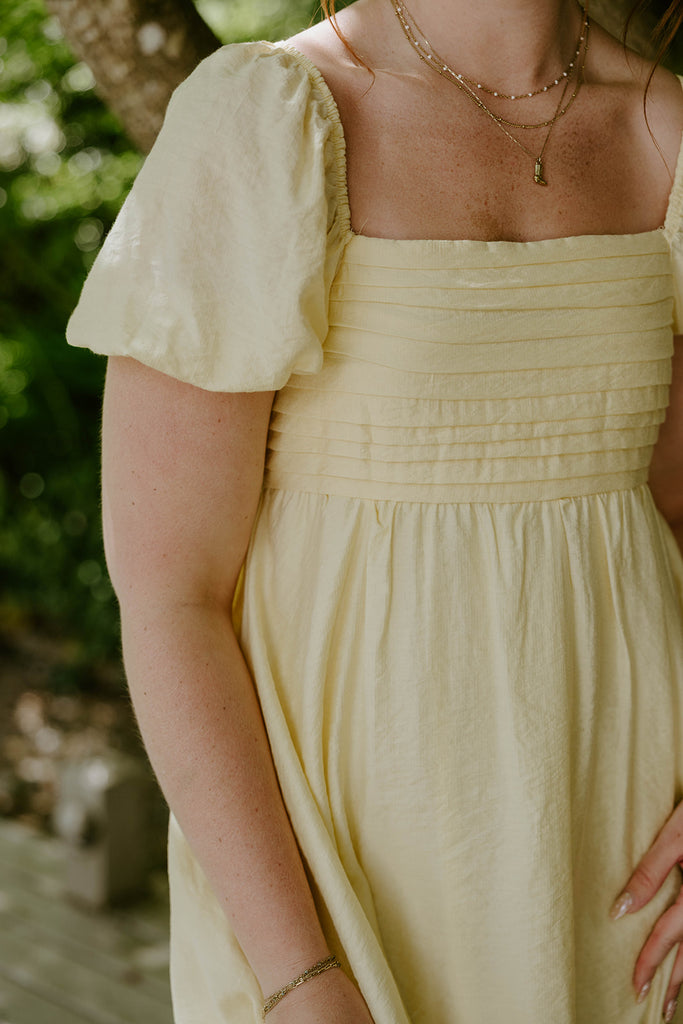 Pleated Front Puff Sleeve Mini - Yellow