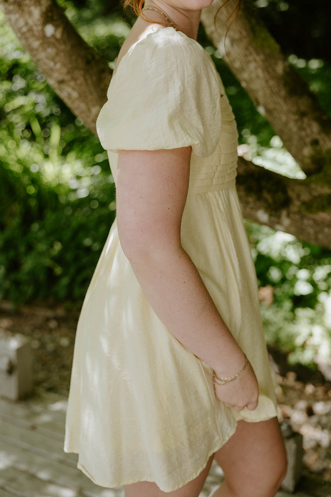 Pleated Front Puff Sleeve Mini - Yellow