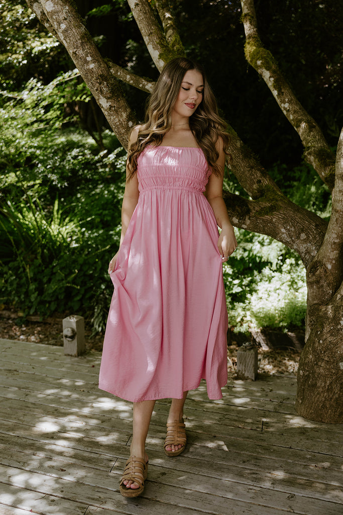 Lightweight Ruched Top Midi Dress - Pink