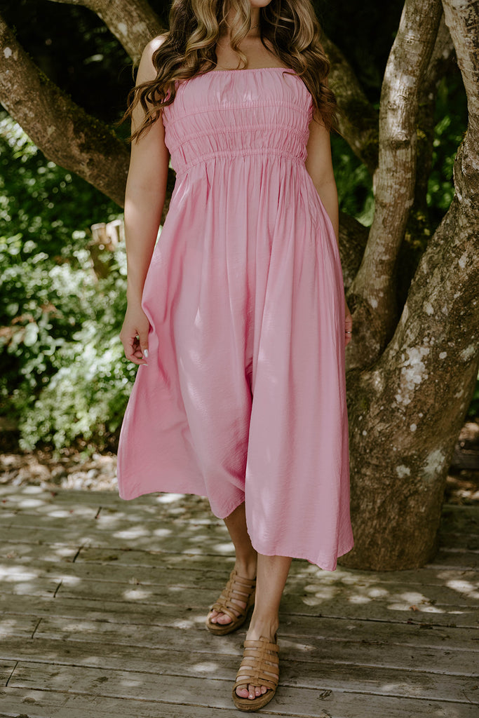 Lightweight Ruched Top Midi Dress - Pink