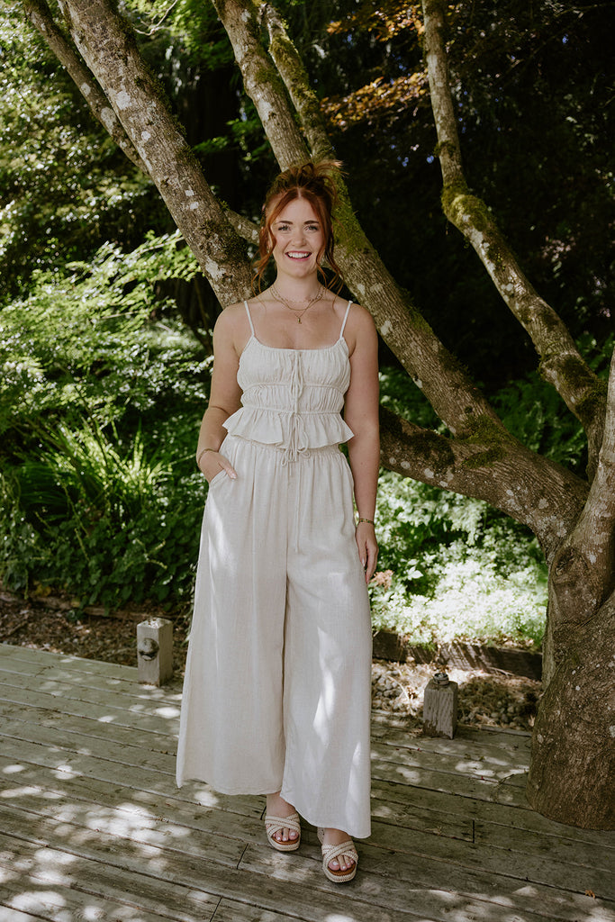 Linen Ruched Top & Flowy Pant Set - Oat