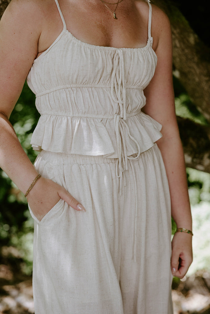 Linen Ruched Top & Flowy Pant Set - Oat