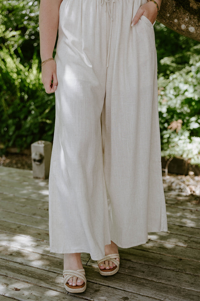 Linen Ruched Top & Flowy Pant Set - Oat