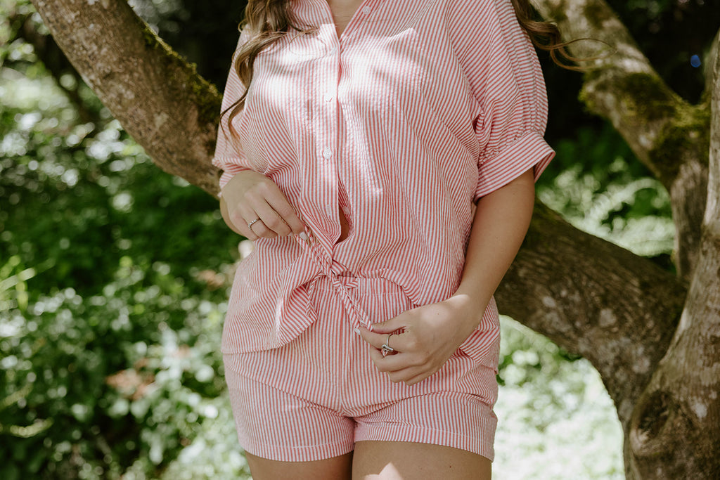 Oversized Striped Shirt & Shorts Set - Red
