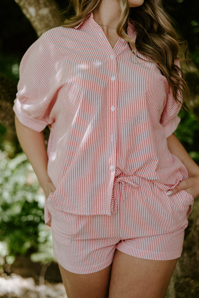 Oversized Striped Shirt & Shorts Set - Red