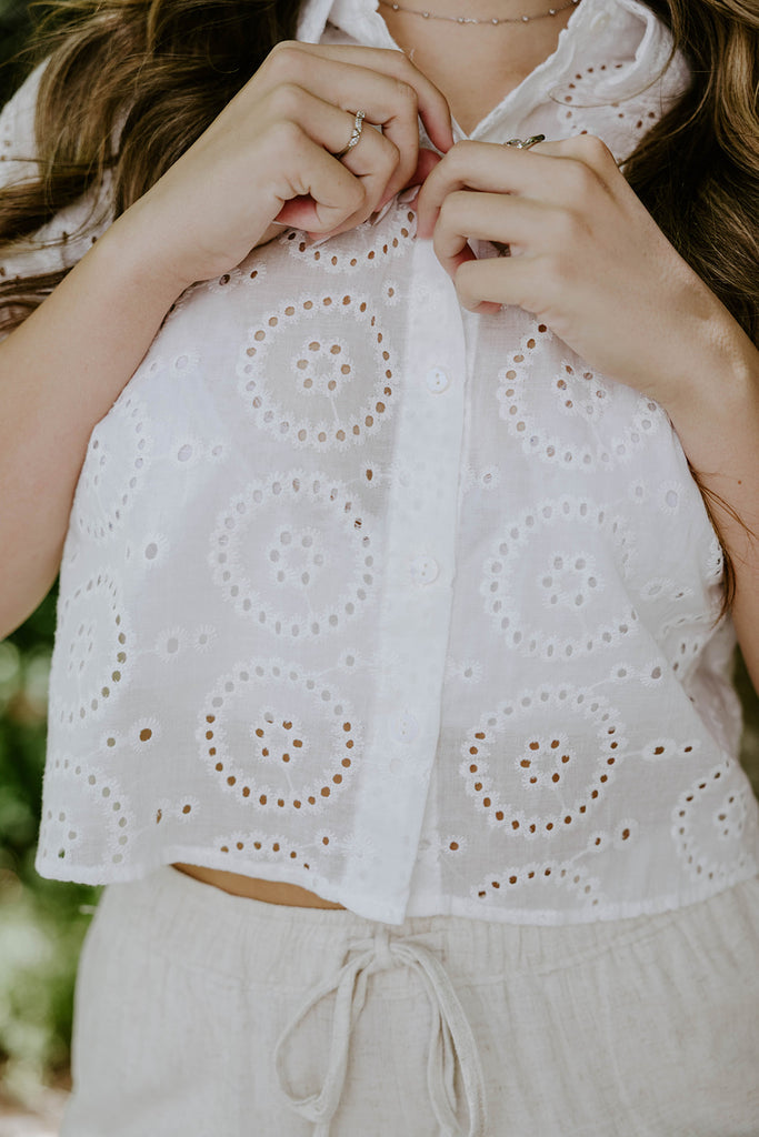 White Eyelet Button Up