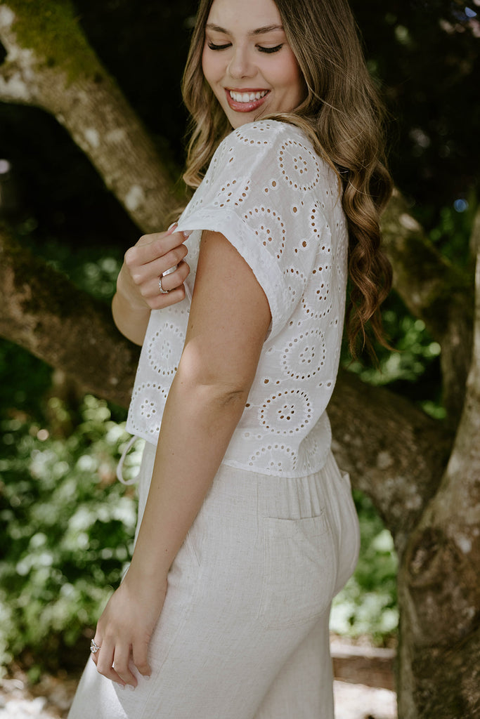 White Eyelet Button Up