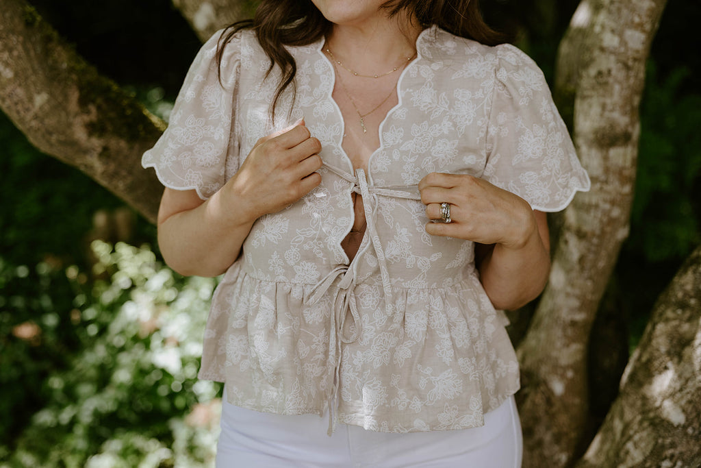 Embroidered Front Tie Peplum - Khaki