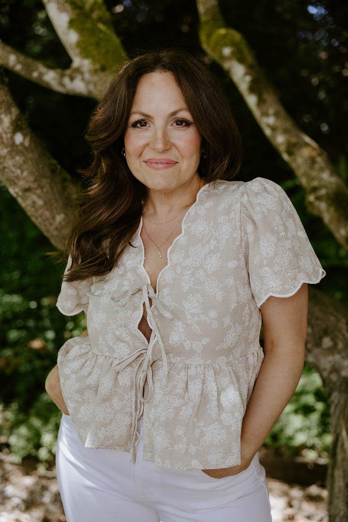 Embroidered Front Tie Peplum - Khaki