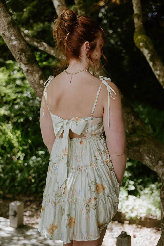 Floral Dress With Back Tie - Sage