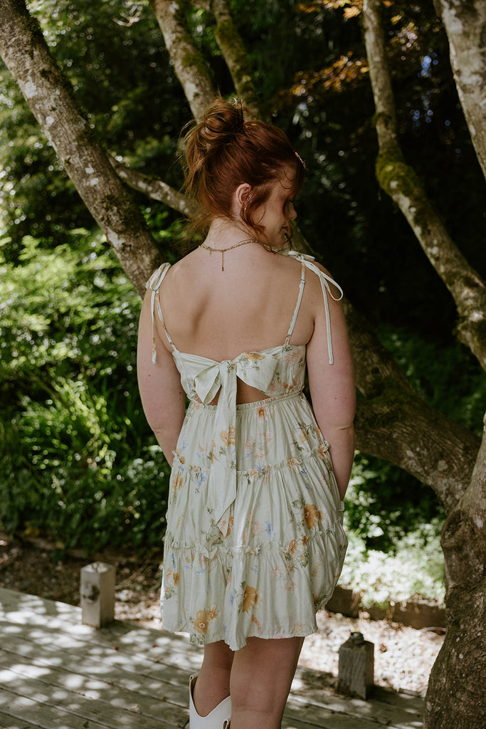 Floral Dress With Back Tie - Sage
