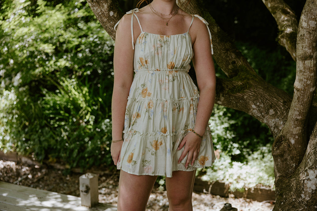 Floral Dress With Back Tie - Sage